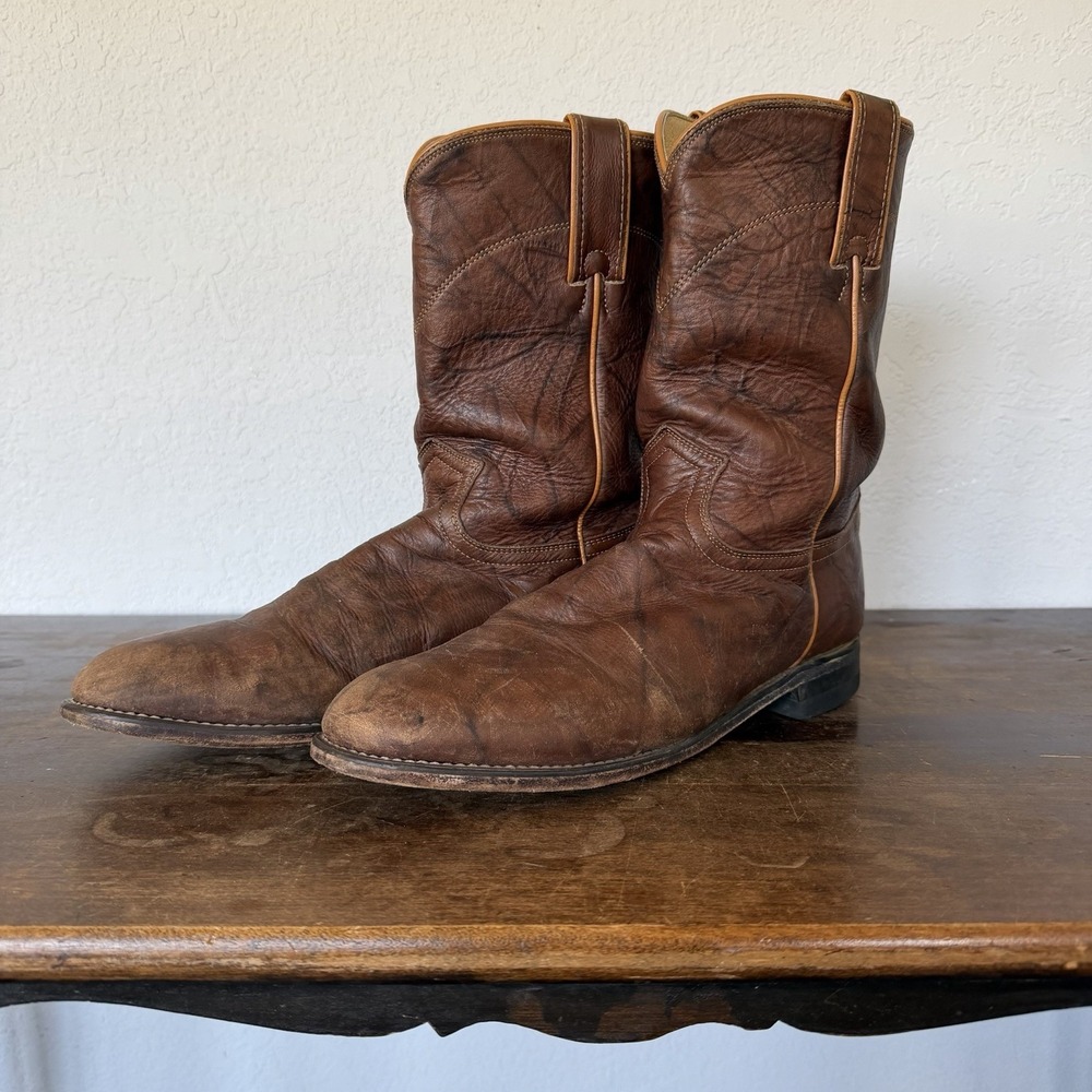 Justin Classic Brown Marbled Leather Roper Style 3163 Cowboy Boots Men Sz 10.5D
